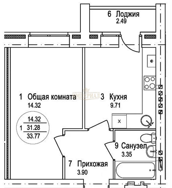 1-к квартира, 33 кв.м.