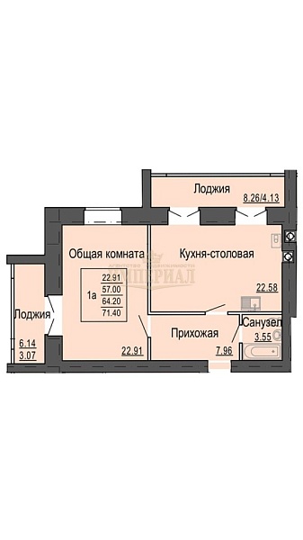 Купить однокомнатную квартиру 64.2 м² в Йошкар-Оле на 3/9 этаже за 7062000 ₽