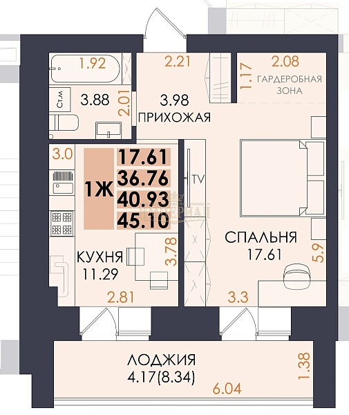 1-к квартира, 45 кв.м.