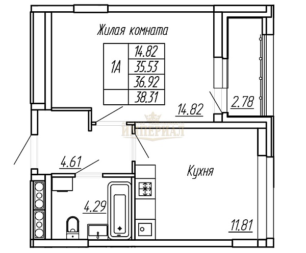 1-к квартира в новостройке, 36 кв.м.