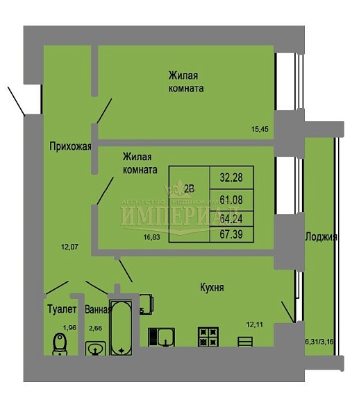2-к квартира в новостройке, 65 кв.м.
