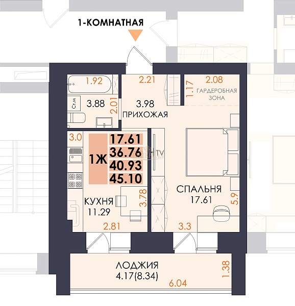 1-к квартира, 40 кв.м.