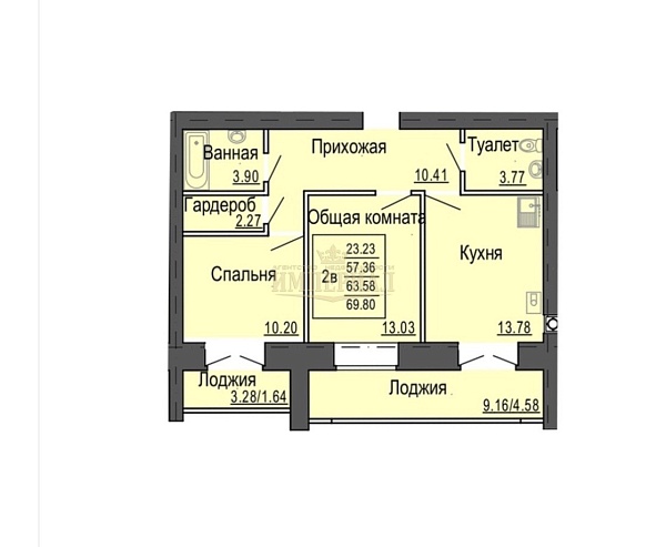 2-к квартира, 63 кв.м.