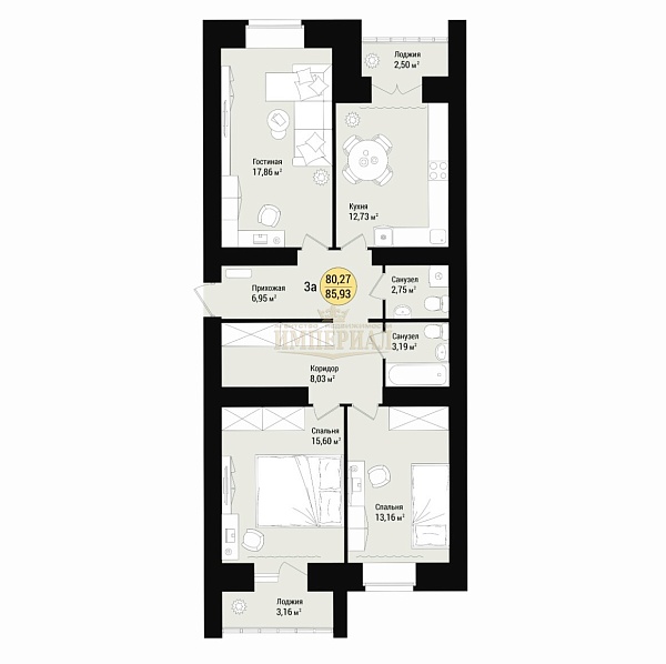 3-к квартира в новостройке, 85 кв.м.