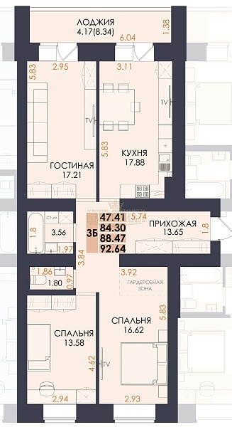 3-к квартира, 93 кв.м.