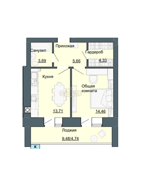 1-к квартира, 46 кв.м.