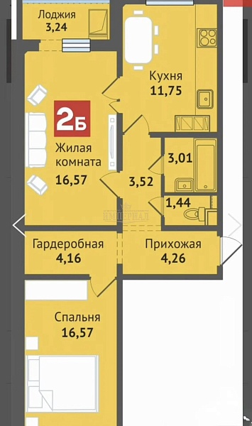 2-к квартира, 64 кв.м.