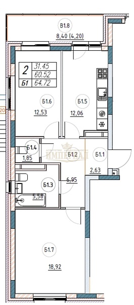 2-к квартира, 65 кв.м.