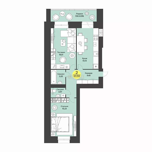 Купить новую двухкомнатную квартиру в новостройке 64 м² в Йошкар-Оле на 7/9 этаже за 5723100 ₽