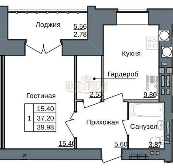 1-к квартира, 39 кв.м.