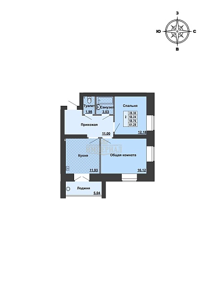 2-к квартира, 61 кв.м.