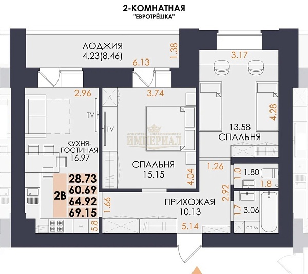 Купить новую двухкомнатную квартиру в новостройке 64.96 м² в Йошкар-Оле на 3/14 этаже за 8354280 ₽
