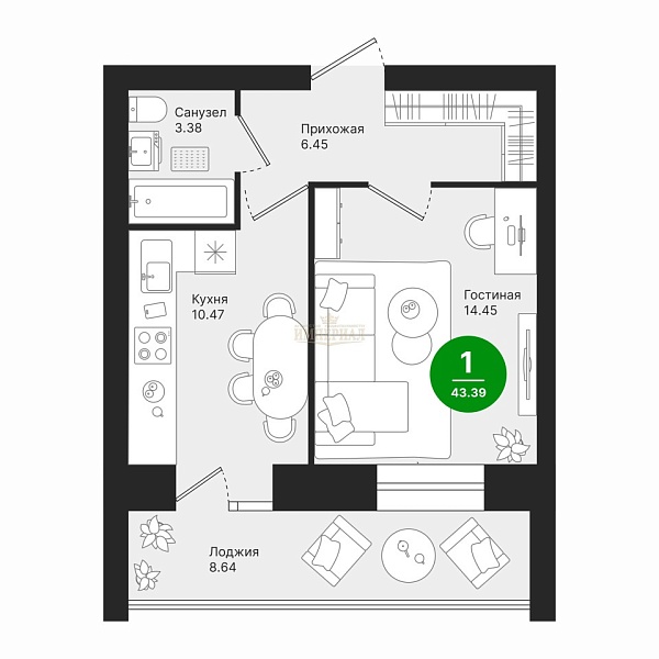 Купить новую однокомнатную квартиру в новостройке 43.39 м² в Йошкар-Оле на 3/9 этаже за 5363004 ₽