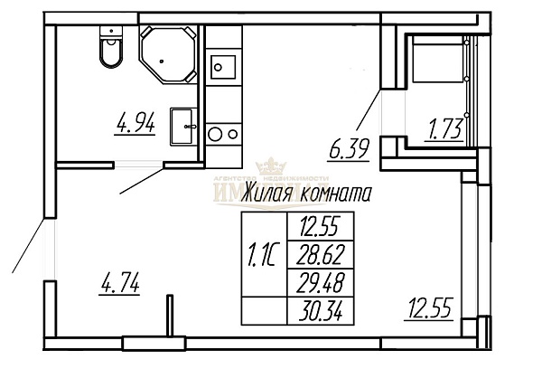 1-к квартира в новостройке, 29 кв.м.