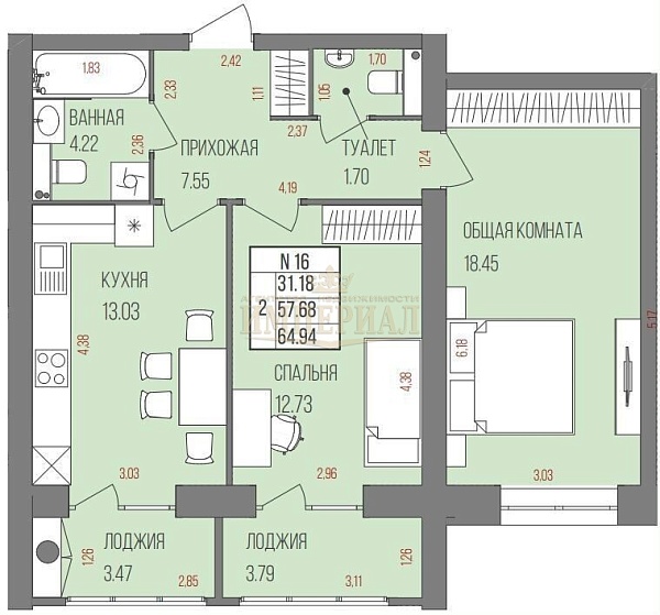 2-к квартира в новостройке, 64 кв.м.