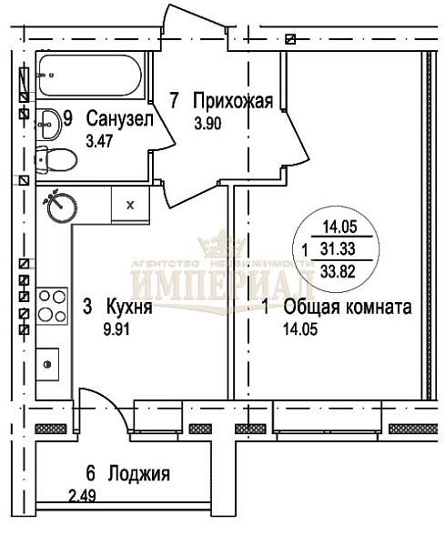 1-к квартира, 33 кв.м.