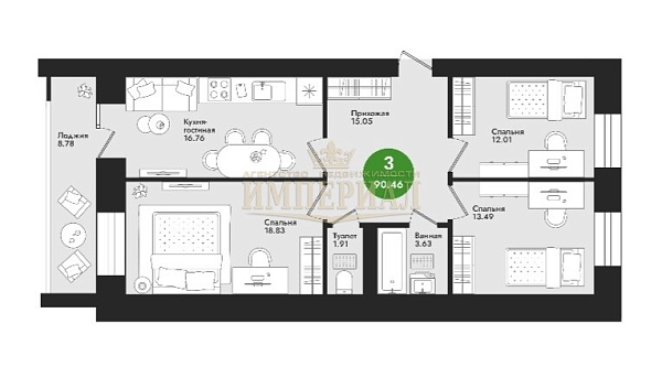 Купить трехкомнатную квартиру 90.5 м² в Йошкар-Оле на 6/9 этаже за 11940720 ₽