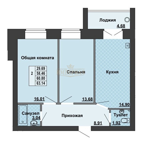2-к квартира, 63 кв.м.
