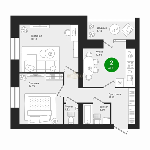 Купить двухкомнатную квартиру 66.71 м² в Йошкар-Оле на 9/9 этаже за 9005850 ₽