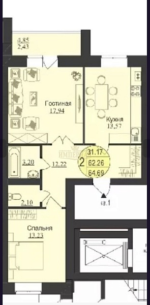 2-к квартира, 65 кв.м.