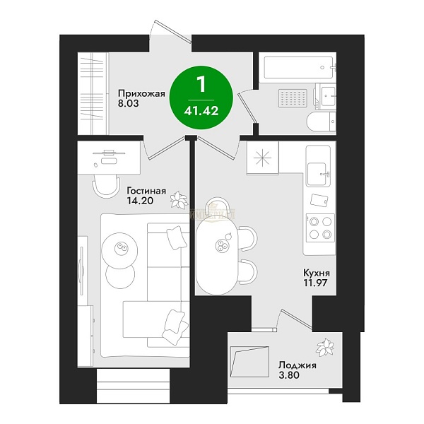 Купить однокомнатную квартиру 41.42 м² в Йошкар-Оле на 9/9 этаже за 5260340 ₽