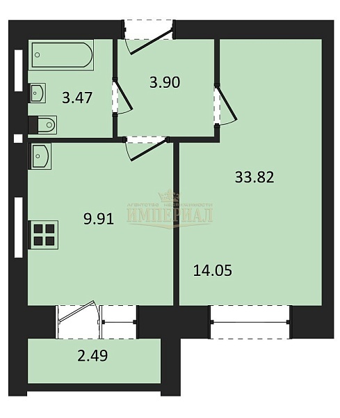 1-к квартира, 33 кв.м.