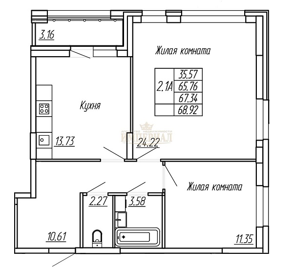 2-к квартира, 53 кв.м.