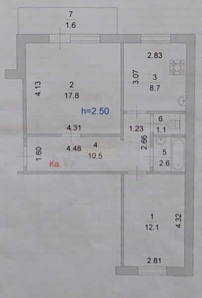 2-к квартира, 52 кв.м.