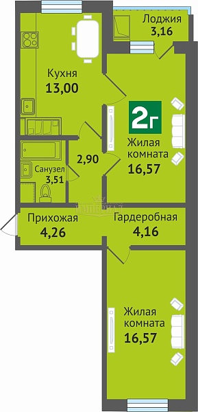2-к квартира, 64 кв.м.