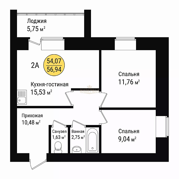 2-к квартира в новостройке, 57 кв.м.