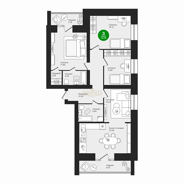 Купить трехкомнатную квартиру 121.16 м² в Йошкар-Оле на 5/9 этаже за 15750800 ₽