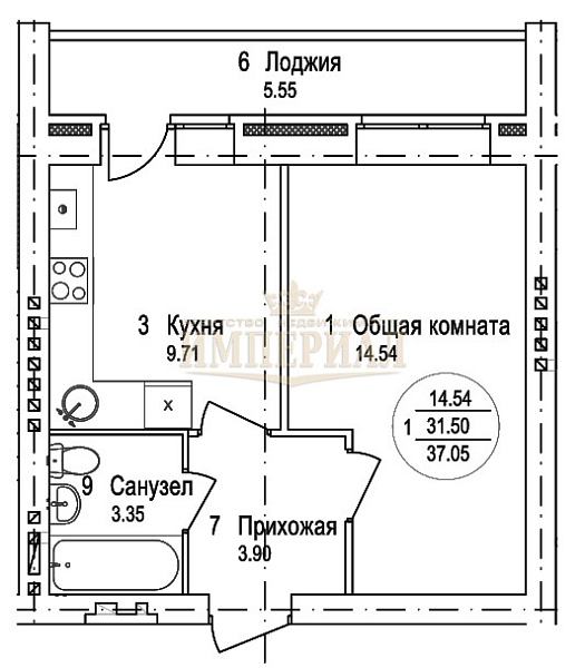 1-к квартира, 37 кв.м.