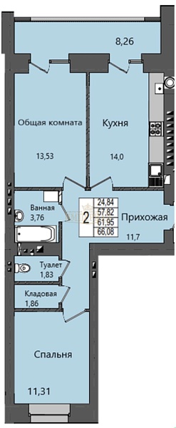 2-к квартира в новостройке, 66 кв.м.