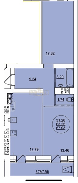 2-к квартира в новостройке, 67 кв.м.