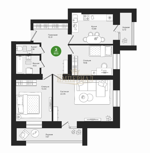 3-к квартира, 89 кв.м.