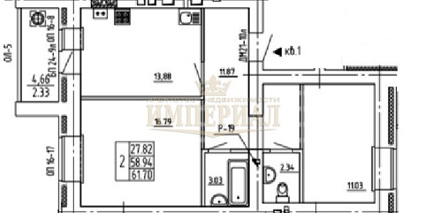 2-к квартира в новостройке, 61 кв.м.