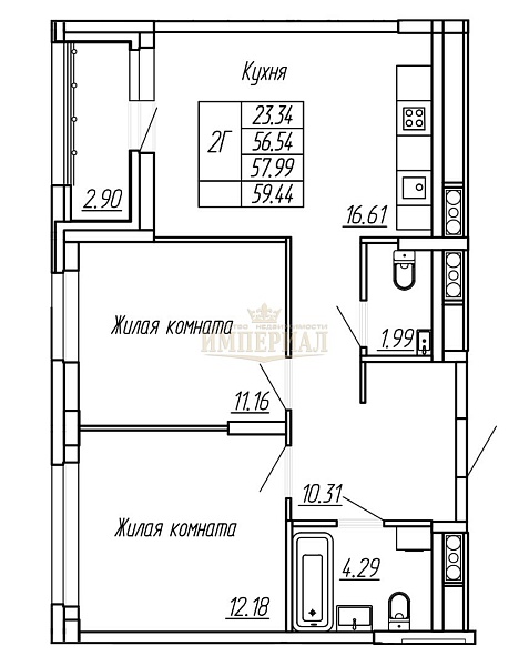 2-к квартира, 53 кв.м.