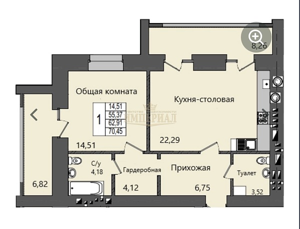 1-к квартира, 62 кв.м.