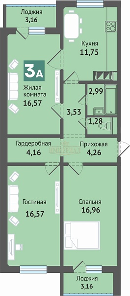3-к квартира, 84 кв.м.
