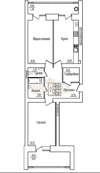 2-к квартира, 94 кв.м.