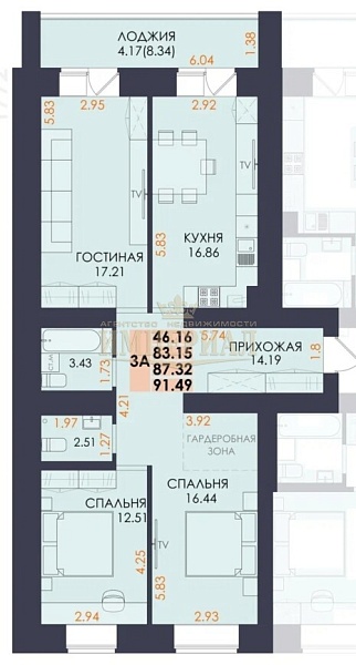 3-к квартира, 91 кв.м.