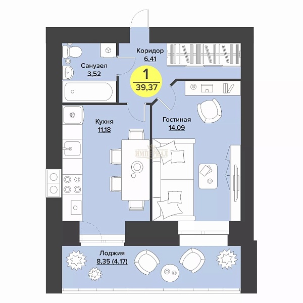 Купить новую однокомнатную квартиру в новостройке 39.37 м² в Йошкар-Оле на 3/9 этаже за 4015740 ₽